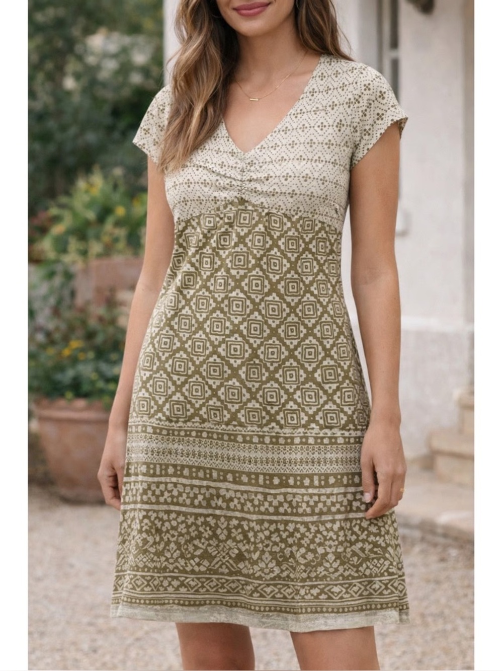 Athleta Olive Patterned V-Neck Cap-Sleeve Mini Dress